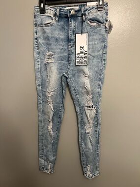 Almost Famous Light Blue Ultra High Rise Distressed Skinny Jeans